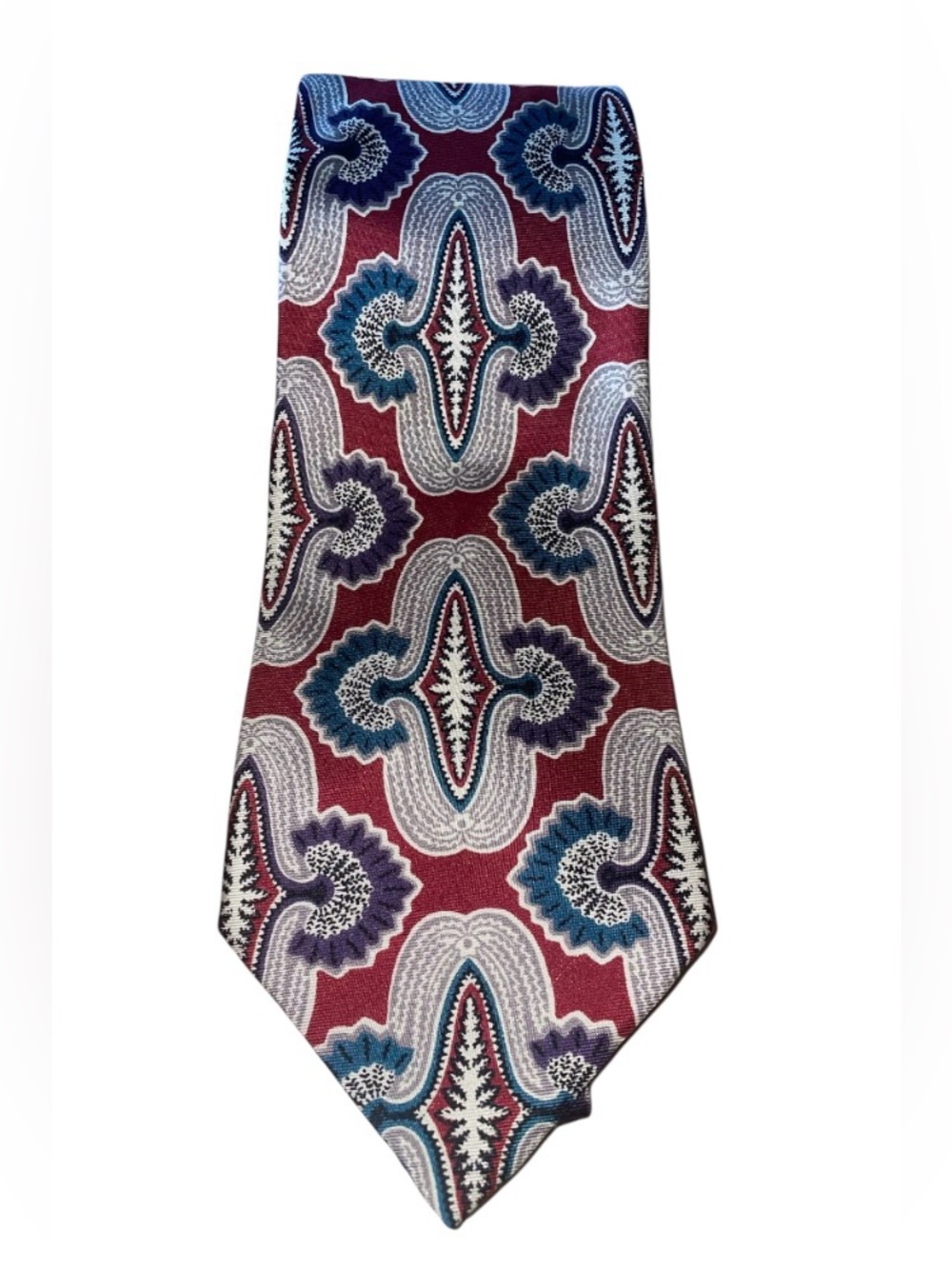 Vintage CHRISTIAN DIOR Paisley Fan Red Blue Purple Silk 4" Wide Men's TIE